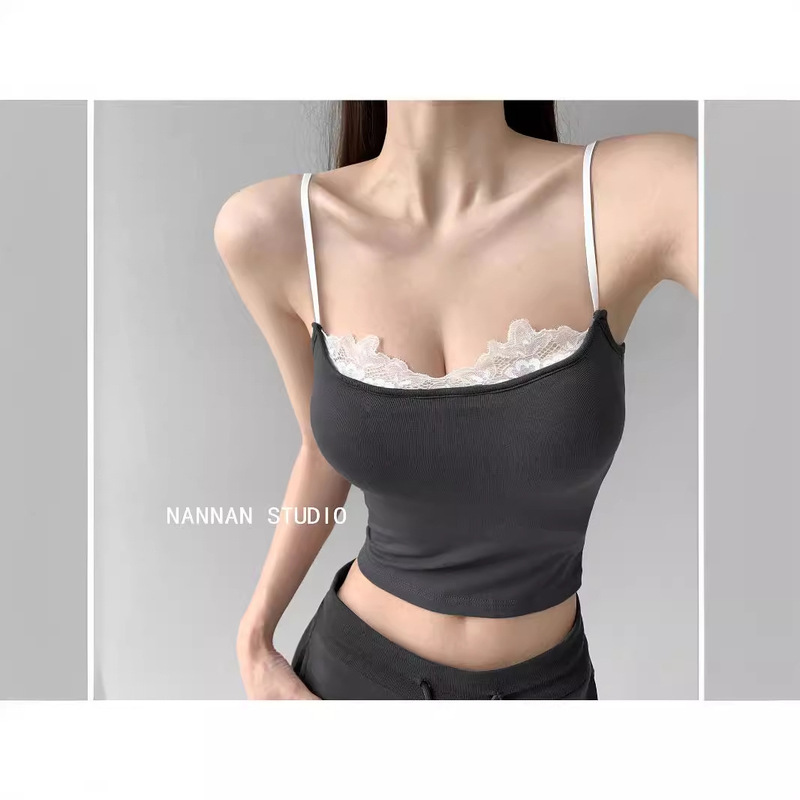 Sweet Ballet Stitching Lace-rimmed Tight Camisole Women's Pure Desire Summer Spice Girl Outer Wear Short Base Top