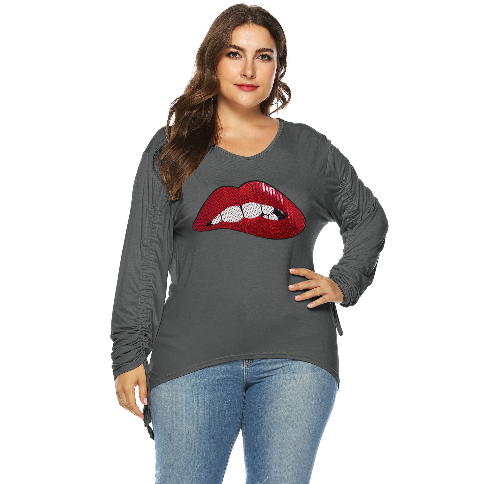 plus size lip print V-neck sequined drawstring long sleeves T-shirt NSOY125380