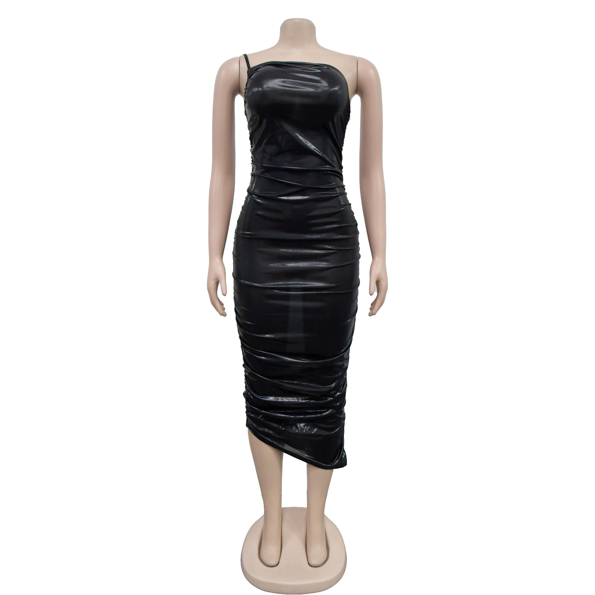 Metallic Coated Fabric Women Wear Solid Color Sexy Sling Diagonal Collar Pleating Dress