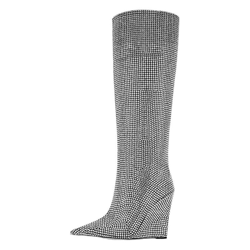 2024 comercio exterior transfronterizo otoño e invierno pasarela europea y americana cuña puntiaguda con diamantes de imitación de tacón súper alto botas de talla grande hasta la rodilla zapatos de mujer image 1