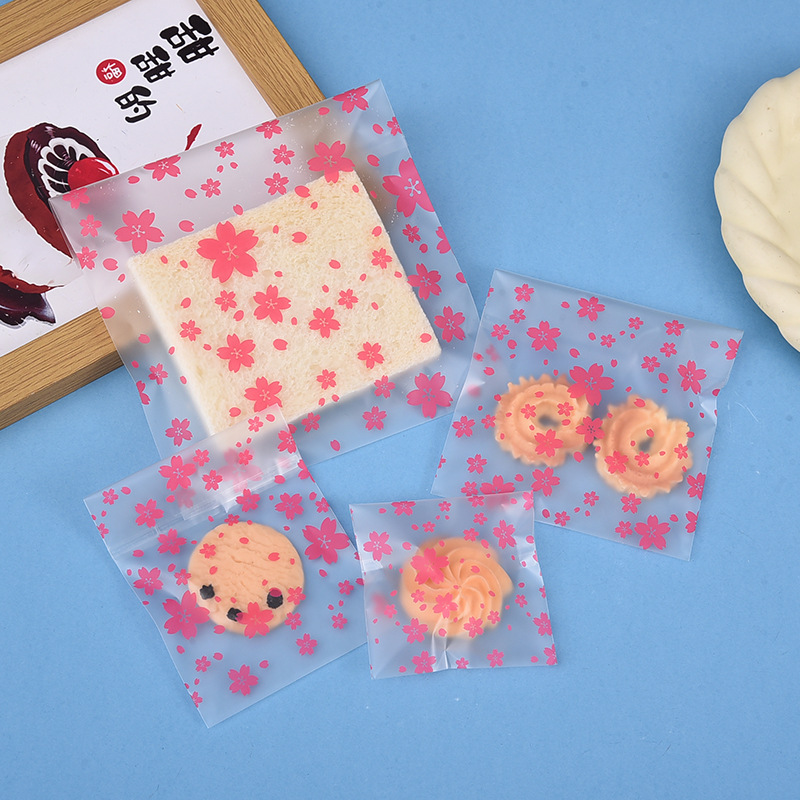 Translucent frosted pink cherry blossom self-adhesive bag biscuit gift package moon cake candy packaging bag 100 pieces