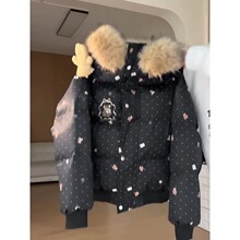 学院风满印卡通熊耳朵毛领连帽棉服外套女冬季超级好看暖和面包服