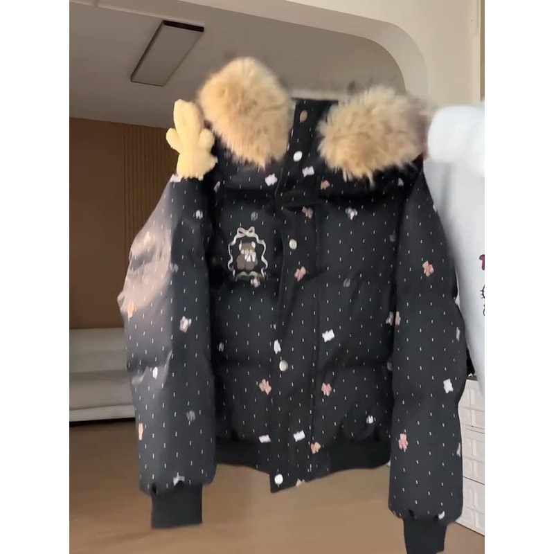 学院风满印卡通熊耳朵毛领连帽棉服外套女冬季超级好看暖和面包服