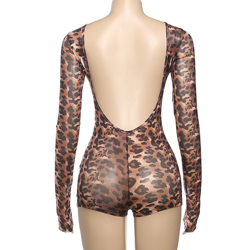 Women Spring Clothing Sexy Horn Long Sleeve Contrast Color Leopard Print Backless Sexy Siamese Shorts