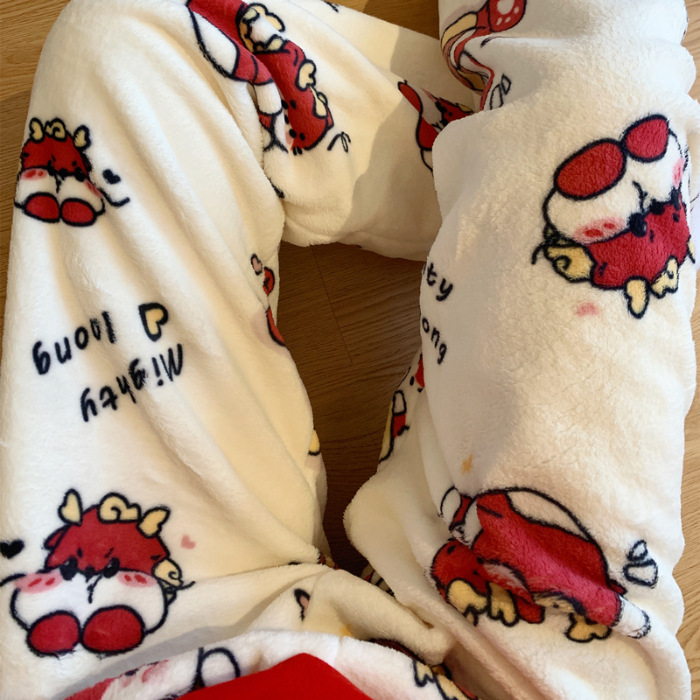 Pantalones de pijama de franela de coral de dibujos animados, pantalones de pijama de hombre, pantalones de invierno de otoño de mujer, pantalones caseros