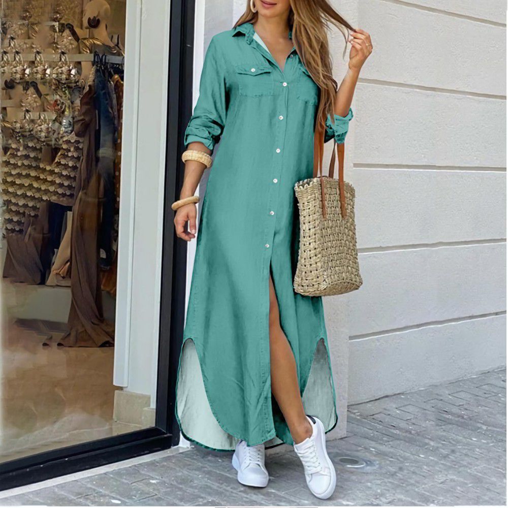 Women's A-line Skirt Fashion Turndown Button Long Sleeve Solid Color Maxi Long Dress Daily display picture 8