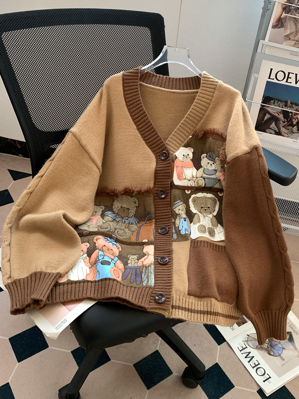重工卡通小熊刺绣开衫毛衣女2025秋冬新款森系撞色复古针织衫外套|undefined