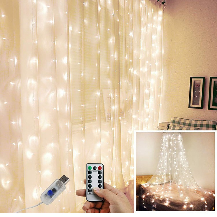 Luz de cortina de alambre de cobre 300LED transfronteriza USB ocho funciones con control remoto con gancho Luz decorativa de Navidad Luz impermeable