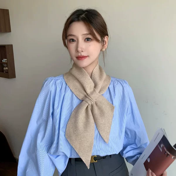 Korean Style Pure Color Ins Women's Neck Scarf 2024 Winter Versatile Decorative Warm Fashion Knitted Wool Scarf