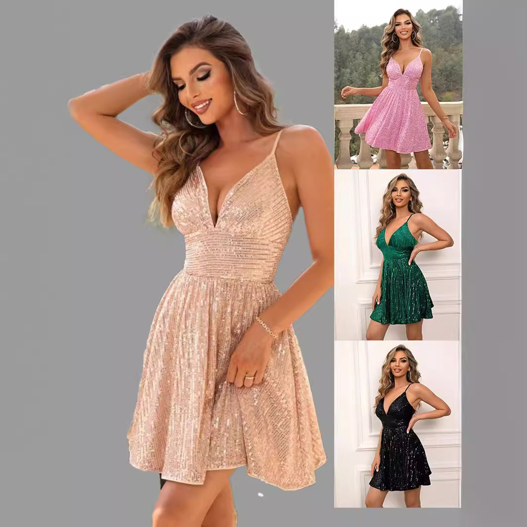 Cross-Border Amazon New European and American Clothing Amazon Party Sequined Sexy Dress (5 Colors)