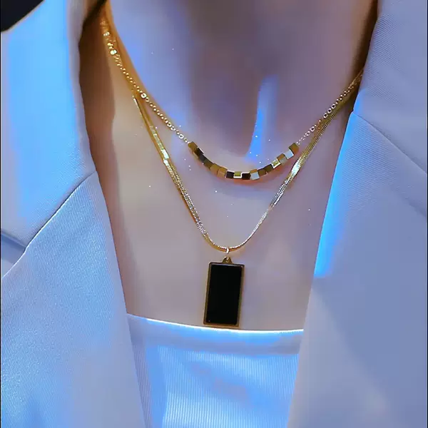 Light Luxury Double-Layer Necklace for Women, Fashionable Long Sweater Chain, Mirror Square Pendant Clavicle Chain, Trendy Accessories