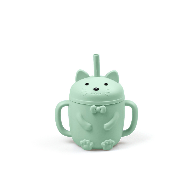 Cross-Border New Baby Cat Cup de silicona BPA GRATIS suplemento alimenticio taza de paja taza de bebida resistente a la caída gato de dibujos animados