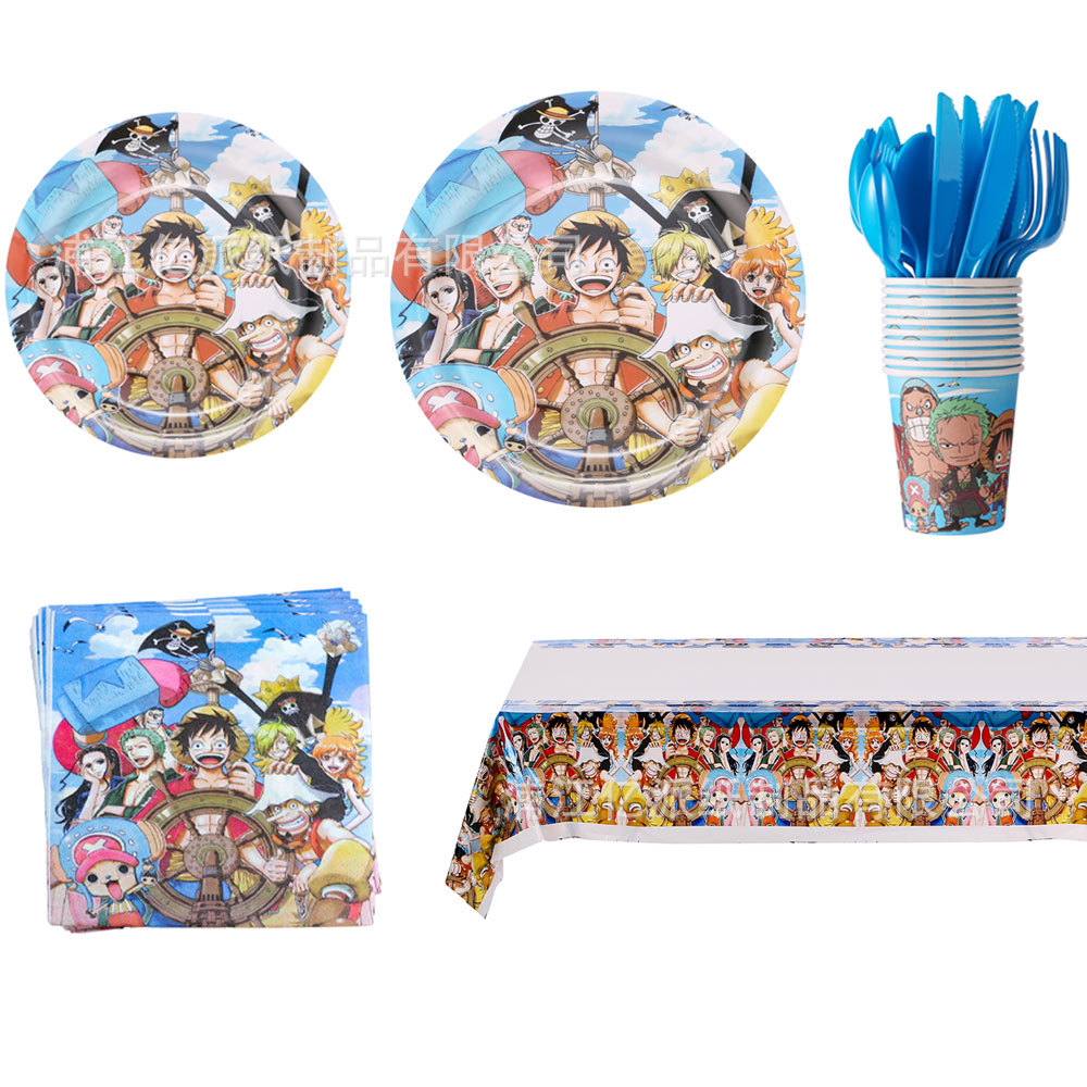 One Piece cubiertos de fiesta de cumpleaños bandeja de papel tazas toallas de papel globos pastel tapa cubiertos de fiesta de cumpleaños