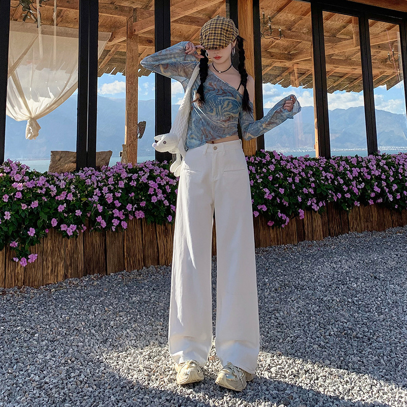 Real Shot of Spring New White Wide-Leg Jeans for Women with Front Pocket Design, High-Waisted, Slim and Drapey, Loose Straight Pants