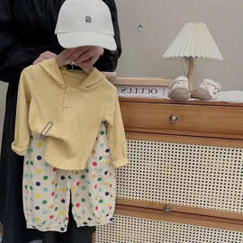 2024洋气韩版波点裤两件女童套装坑条连帽长袖T恤打底衫秋装新款