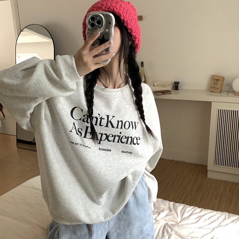 美式复古圆领加绒加厚卫衣女秋冬季减龄显瘦字母印花绒衫套头外套