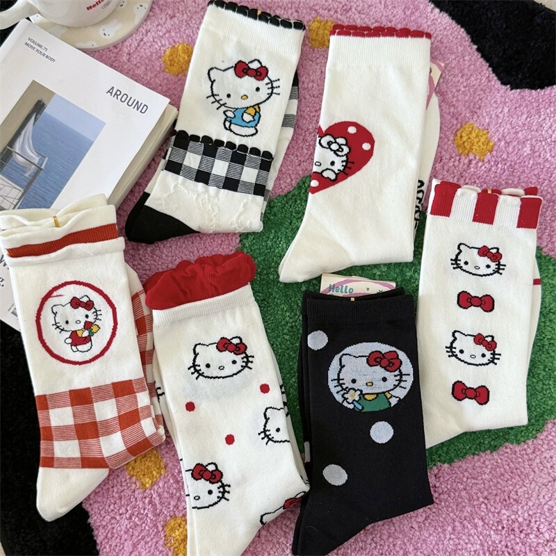 Autumn Cute Cat Socks for Women, Pure Cotton Seamless Cartoon Mid-Calf Socks with Lace, Japanese Style Ins Popular Trendy Item