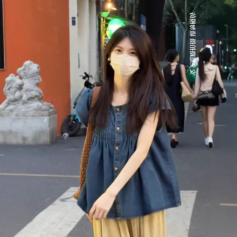 Hong Kong Style Retro Vitality Thin Denim Shirt Tops for Women Summer New Loose and Versatile Temperament Age-Reducing Chic Shirts