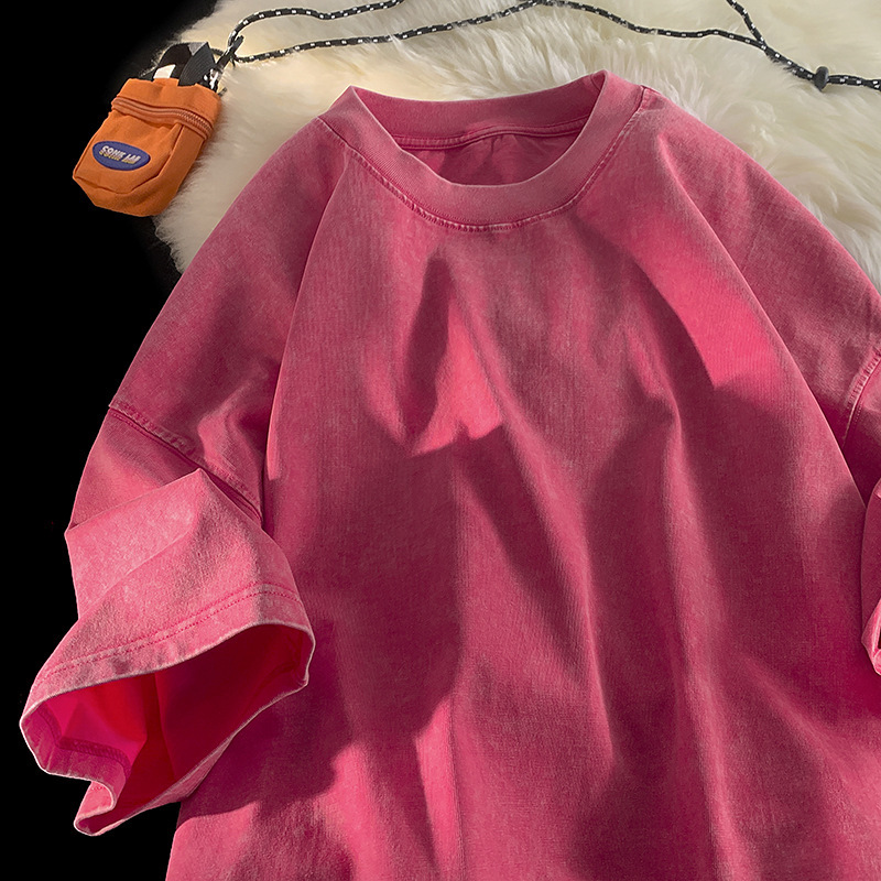 Nueva tendencia de algodón puro batik retro suelto de manga corta salteado de color lavado viejo camiseta pareja masculina dopamina top