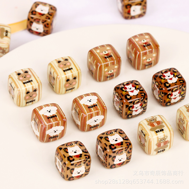 만화 레오파드 무늬 강아지 아크릴 블록 구슬 천공 DIY 팔찌 휴대 전화 체인 목걸이 헤드 라인 보석 액세서리