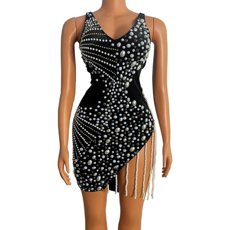 Pearl tassel split crystal black high quality ball gown sexy fashion lady wear birthday party stunning