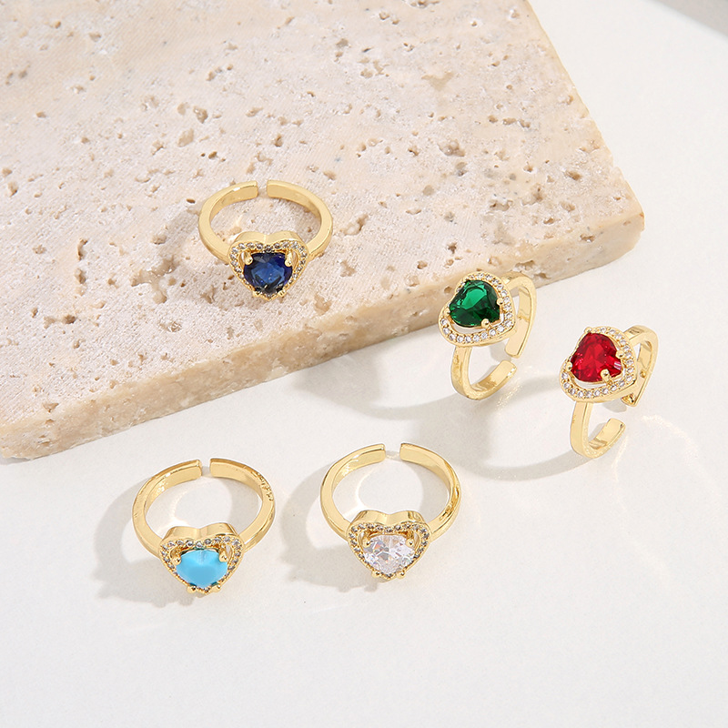 Sweet Heart Shape Brass Plating Inlay Zircon Open Ring 1 Piece