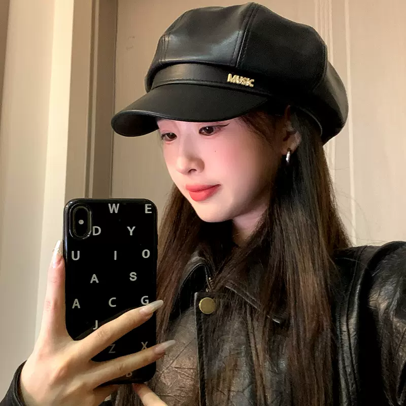 帽子女秋冬季贝雷帽时尚百搭PU皮八角帽遮阳防晒出游百搭画家帽