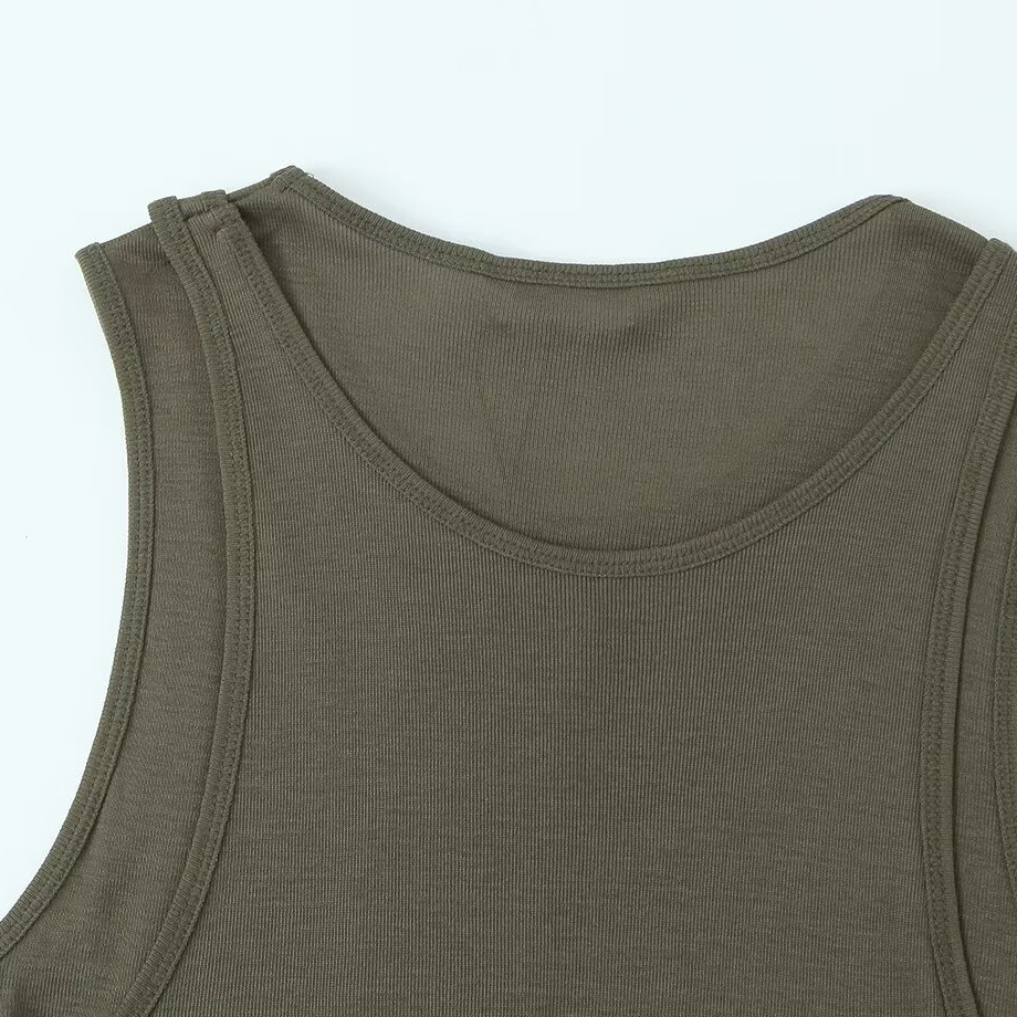Women's Slim Fit Double-Layer Sleeveless U-Neck Top - Versatile Layering Essential In Black, White, Olive Green_ecoleips.com