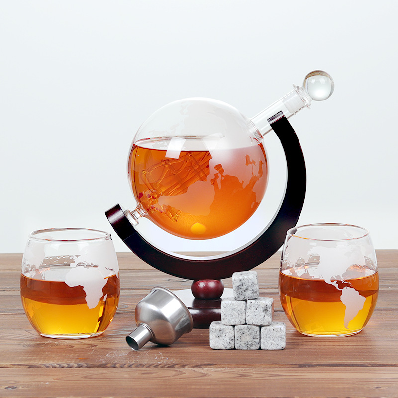 Decantador Globe con velero — botella de whisky de vidrio con mapa grabado, set de regalo elegante para vino