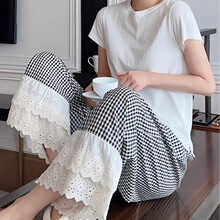 时尚格子垂感阔腿裤女夏季拼接裤子2026新款高腰蕾丝宽松花边爆款