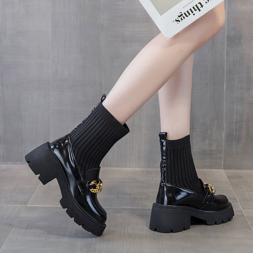 Small size women's shoes, genuine leather socks, fly knitted inner heightening thick soles, small square single shoes, inner heightening wedge heels, trendy shoes, Martin boots for women