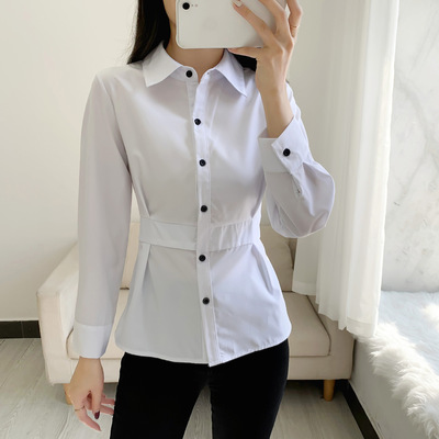 2022 spring and autumn new pattern Lapel Single breasted white Long sleeve temperament Base coat commute Solid Cardigan shirt