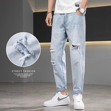 破洞牛仔裤男2024夏季新款直筒宽松男生九分长裤子潮牌男士休闲裤