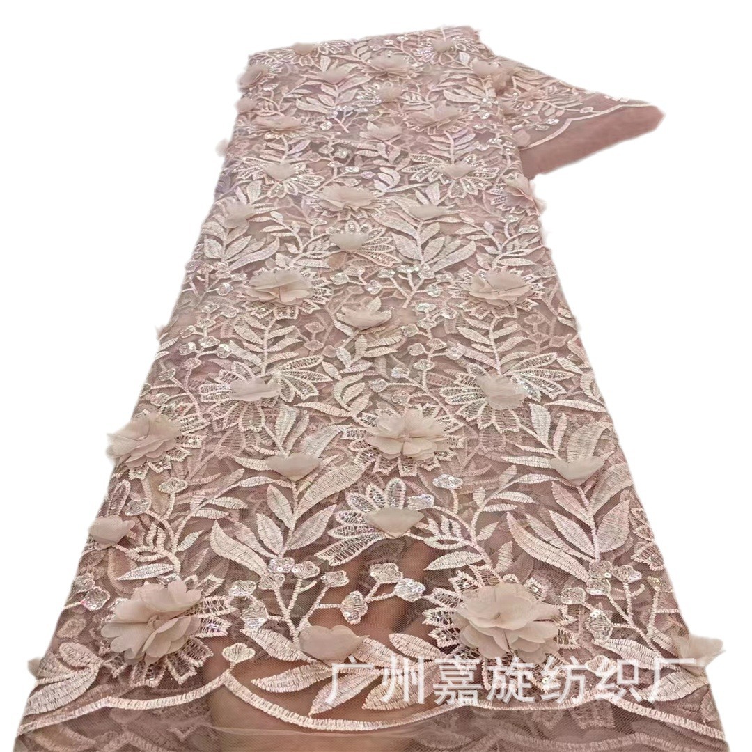 Transfronterizo estilo dulce flor tridimensional bordado tela de encaje moda vestido francés vestido de novia encaje JX3993