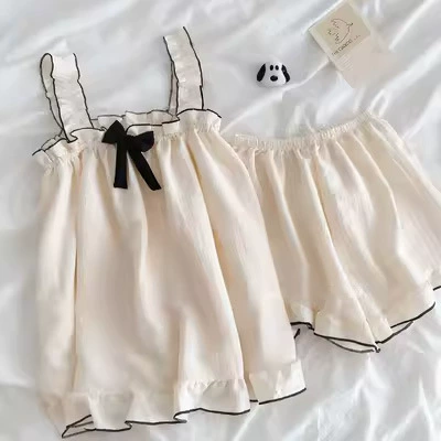 Ночная рубашка‑комплект (pijama) женский тонкий топ и шорты, милые оборки, эффект лифтинга