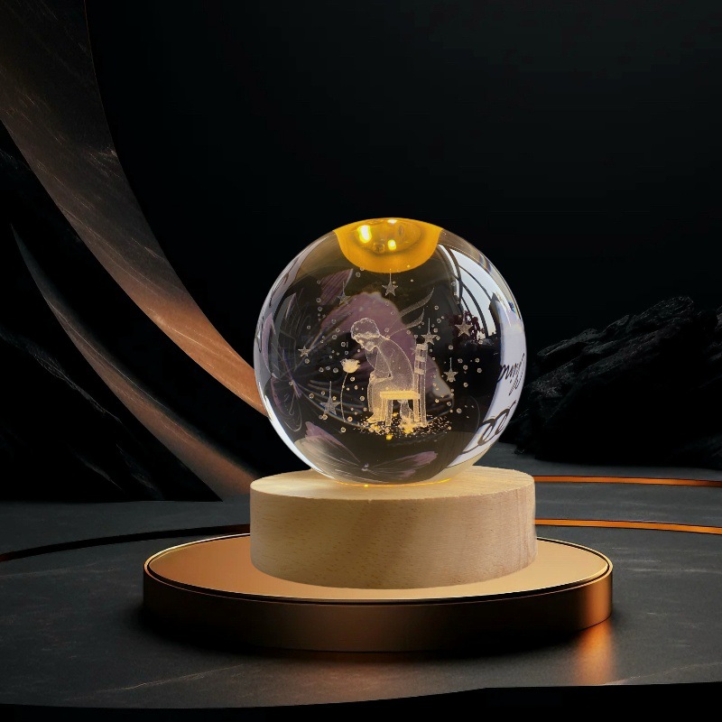 Lámpara de Noche de Cristal con Diseño de Cielo Estrellado 3D, Regalo Navideño, Base Redonda de Madera Luminosa, Lámpara de Mesa, Adorno, Regalo de Navidad