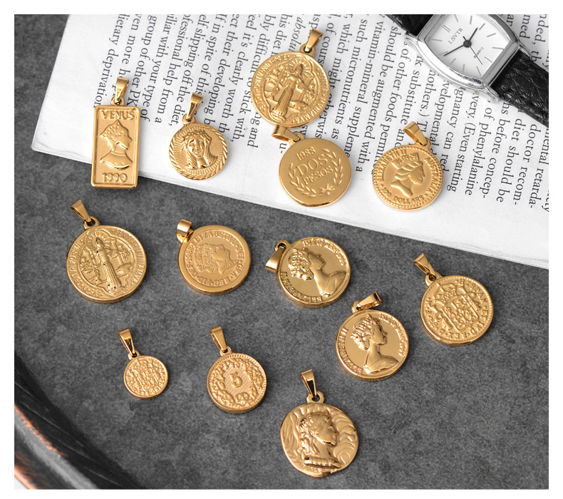 6g Weight PVD Coated Gold Plating Process Pendant Jewelry Making Type Real Gold Plated Plating Material 1 Piece 304 Stainless Steel PVD Coated Real Gold Plated Human Coin Polished Pendant DIY Jewelry Accessories