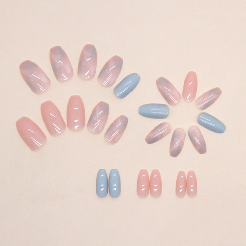 Short ballet pink and blue contrasting marble pattern blooming manicure glacier jelly summer fresh wearable false nails