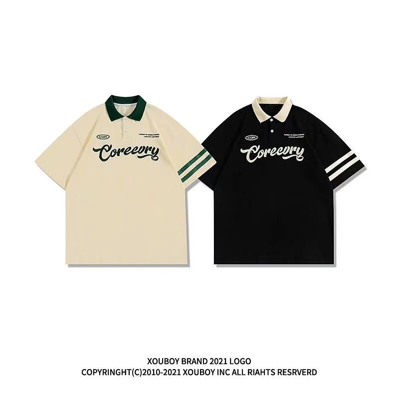 Summer American Short-Sleeved Polo Shirt Loose Three-Quarter Sleeve Trendy Brand Lapel T-Shirt for Men and Women Ins Hong Kong Style Couple Tops