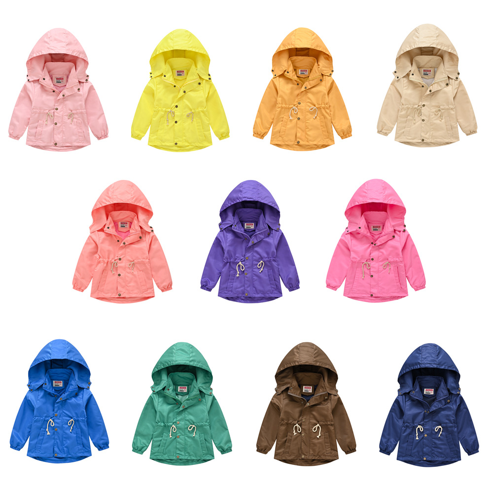 Children's coat Korean style children's clothing solid color waist windbreaker for boys and girls, medium and large children's autumn jacket with detachable hood