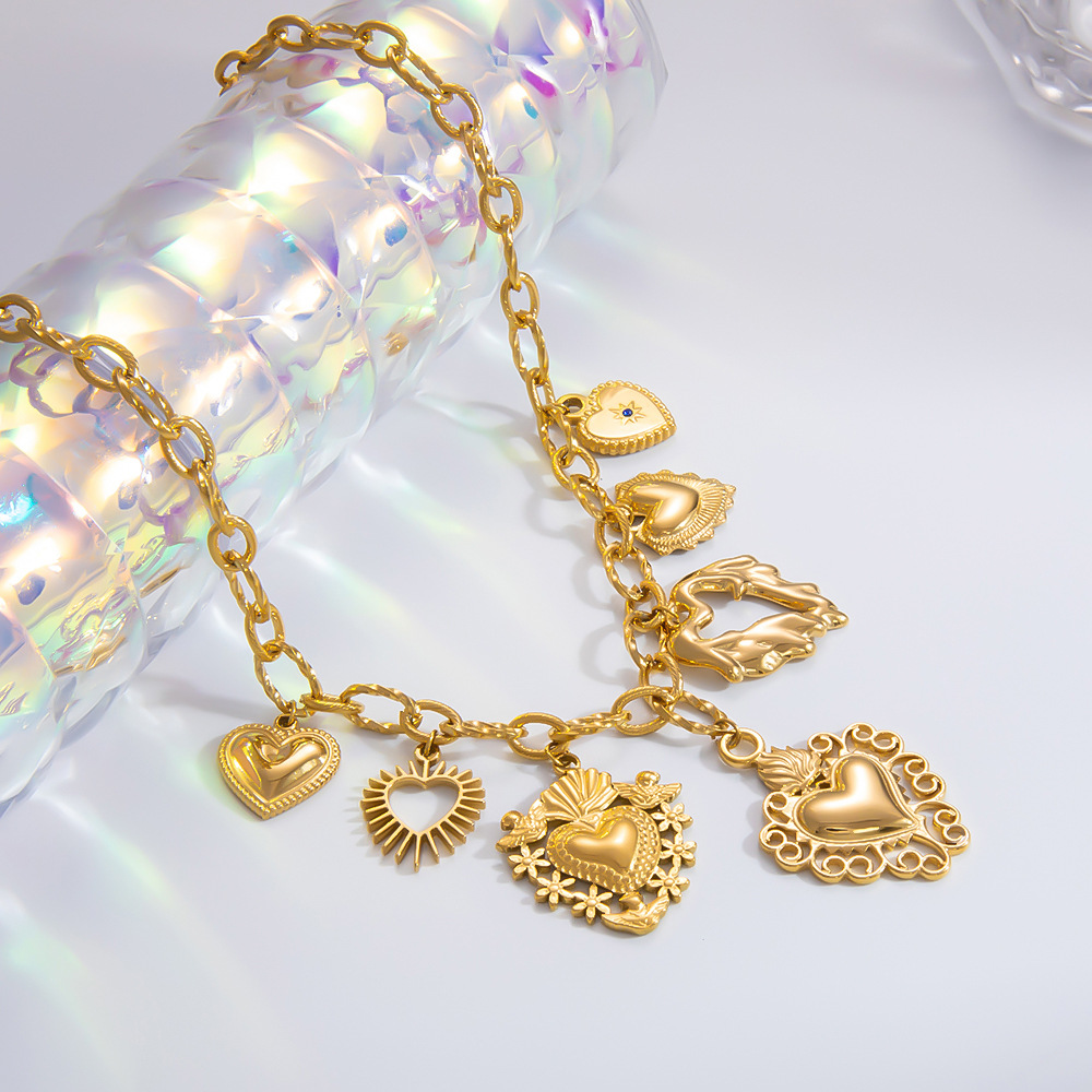 Paperclip Chain Chain Type PVD Coated Real Gold Plated Heart Shape 304 Stainless Steel Elegant Classic Style Streetwear Waterproof Non Tarnish 304 Stainless Steel Lobster Trigger Clasp Closure Multi Charms Necklace
