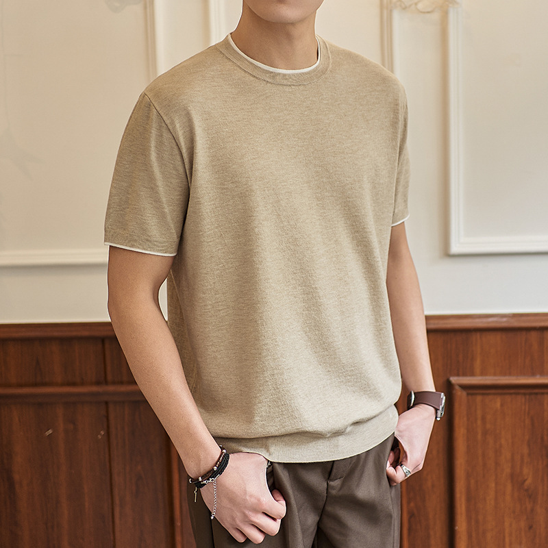 ZY8116-MW简约高级感上衣宽松休闲T恤美式假两件短袖针织衫,男装针织衫/毛衣,星座614