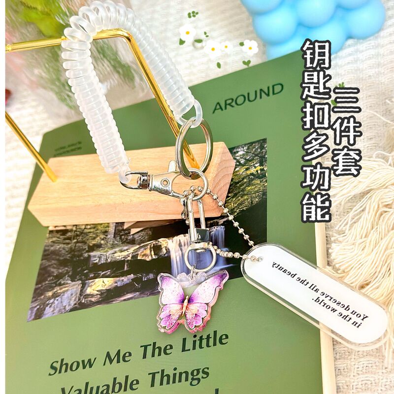 New Butterfly Coil Keychain School Bag Pendant Animation Printing Crystal Acrylic Accessories Anti-lost Mobile Phone Chain
