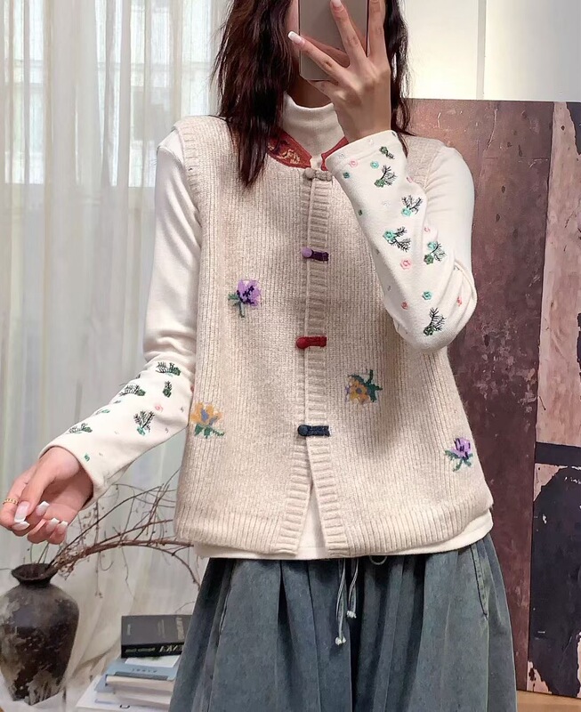 新品纽扣开衫撞色背心女复古文艺叠穿无袖针织马甲|undefined