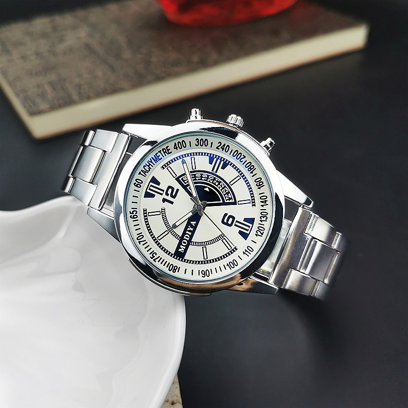 2023 Novo Relógio Masculino Falso Calendário Mais Vendido Negócios Lazer Vidro Luz Azul Relógio Quartzo Masculino Pulseira de Aço Relógio_voghion.com
