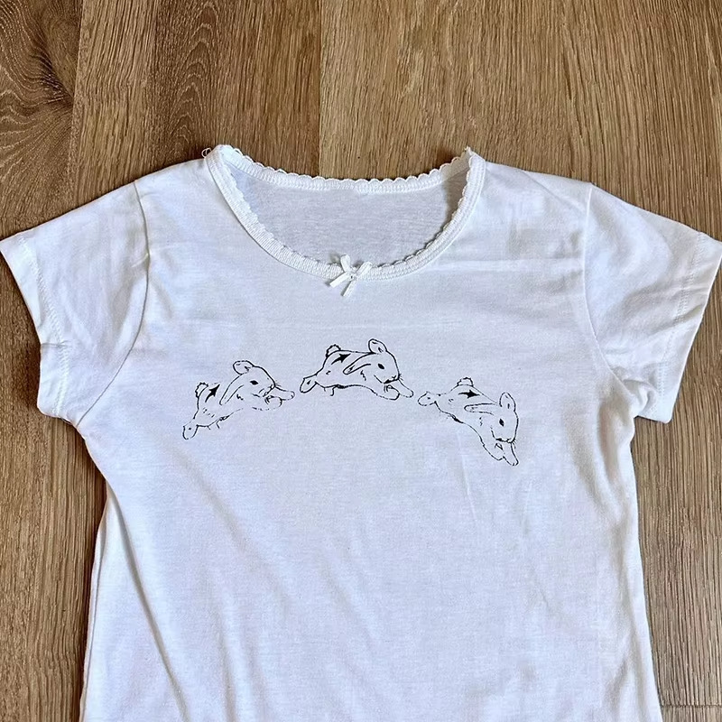 t-shirt美式2025女装夏兔子图案紧身辣妹显瘦露脐圆领短袖T恤|undefined