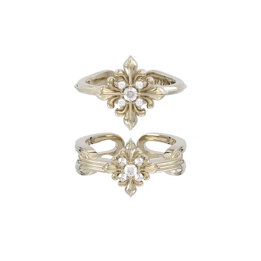 Sanhong Jewelry's same style large iris double-layer ring for women, French retro light luxury coffee gold jewelry with a high-end feel for women