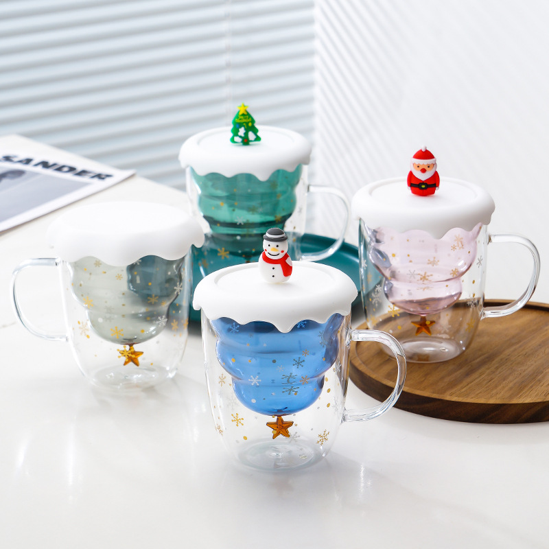 Taza de Navidad con aislamiento térmico de doble capa Taza de café con tapa Taza de vidrio de borosilicato al por mayor Taza de vidrio de alto valor resistente a altas temperaturas