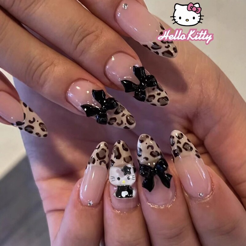 Foreign Trade Hot-Selling Leopard Print Manicure French Plastic Black Hello Kitty Bow Fake Nail Patch Wearable Nail Patch