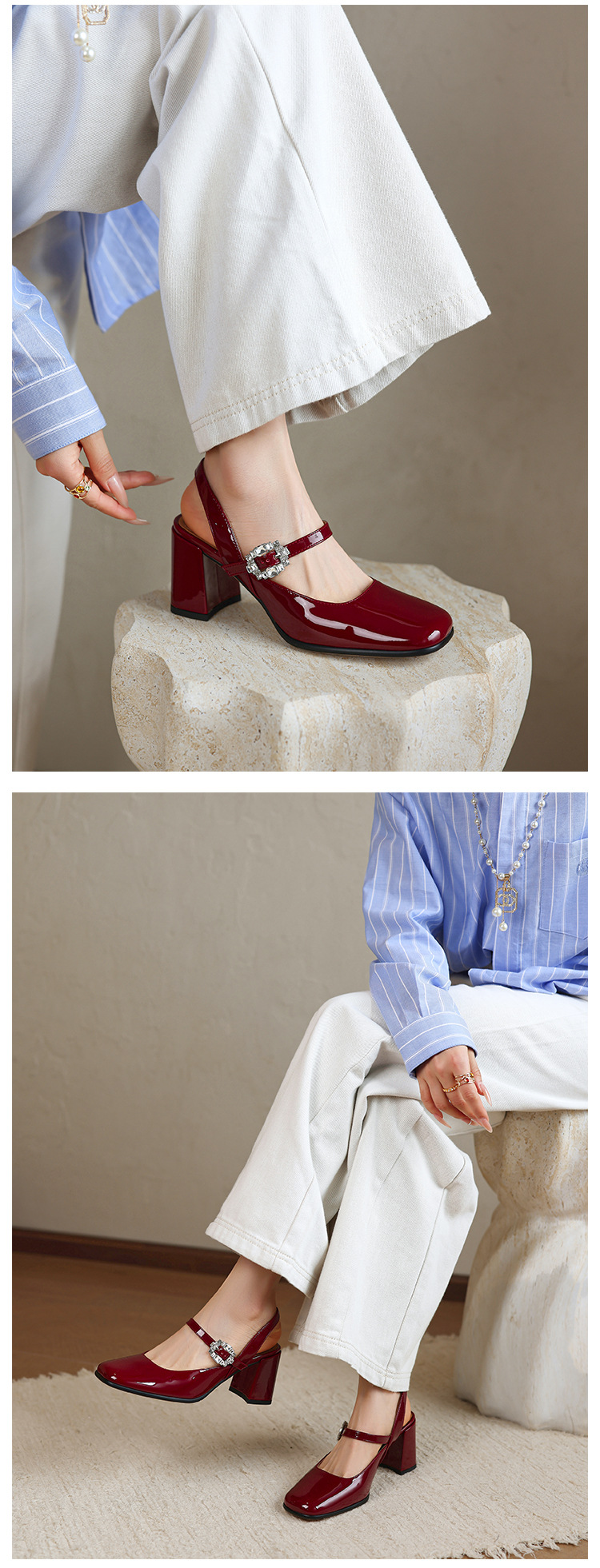 Giày sandal cao gót nữ quai ngang mũi tròn bít, gót 7 cm, phong cách Mary Jane — màu đen, Rượu vang đỏ, màu mơ, bạc chi tiết 22